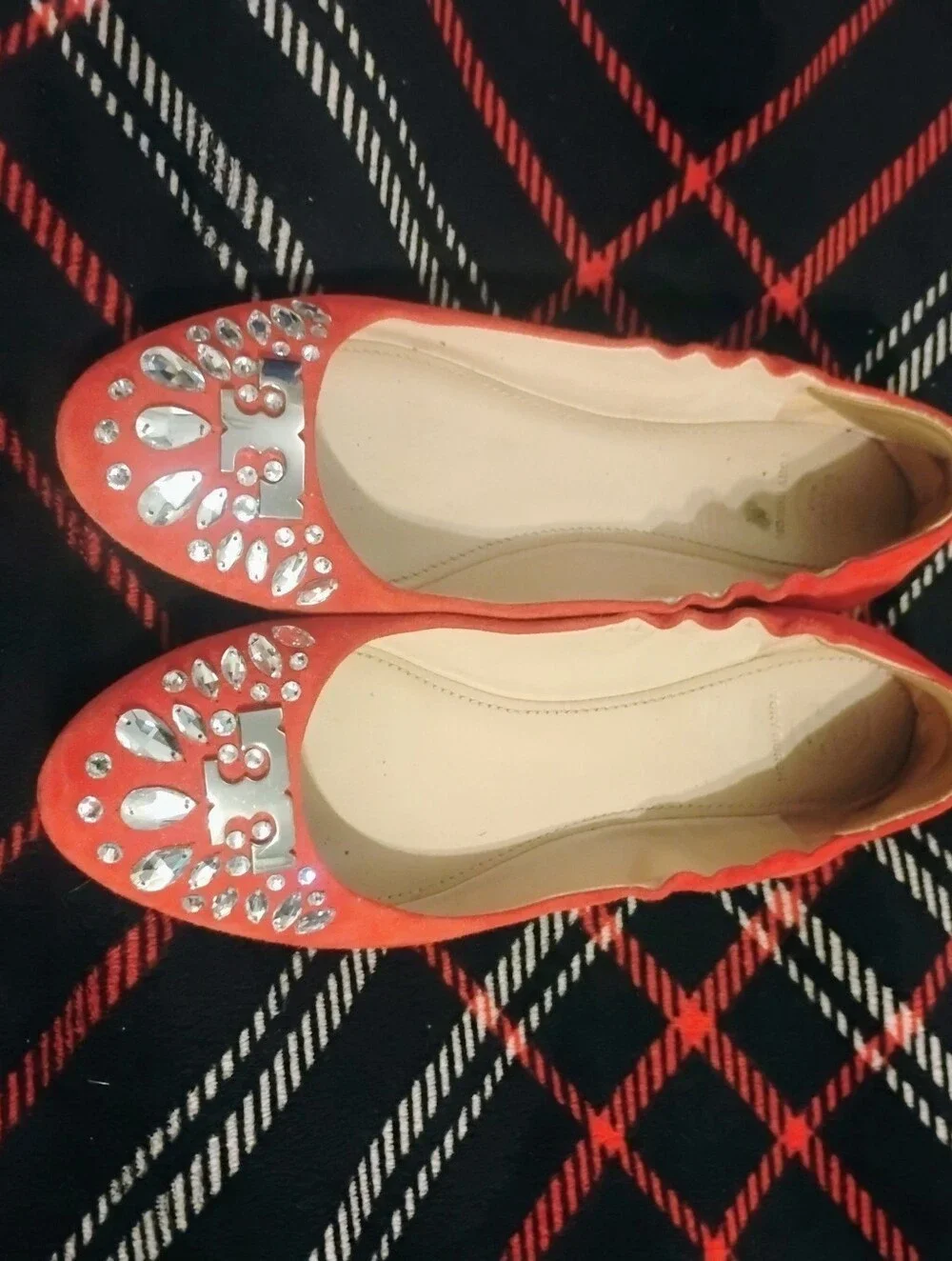 Women's Red Suede Tory Burch Ballet Flats With Sparkling Rhinestones Size 9